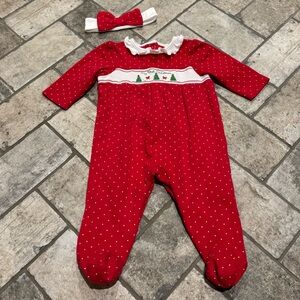 Baby Girls My First Christmas Embroidered Dot One Piece Footies Outfit with Bow